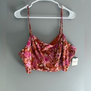 Arizona Jean Co Womens Red Floral Gauze Spaghetti Strap Smocked Crop Top XXL New